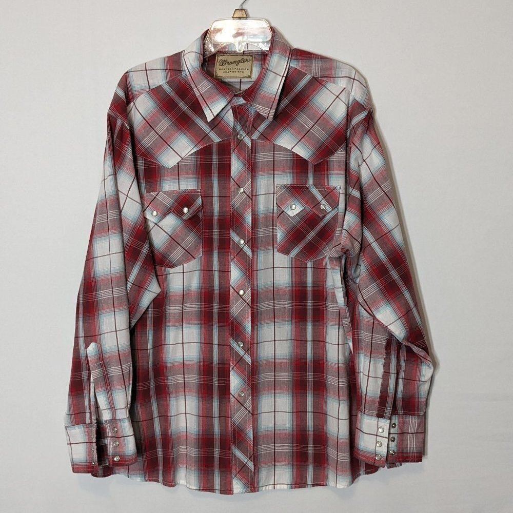 Men's WRANGLER; Western Snap Shirt; Red Plaid; Long Sleeves; Size XXL